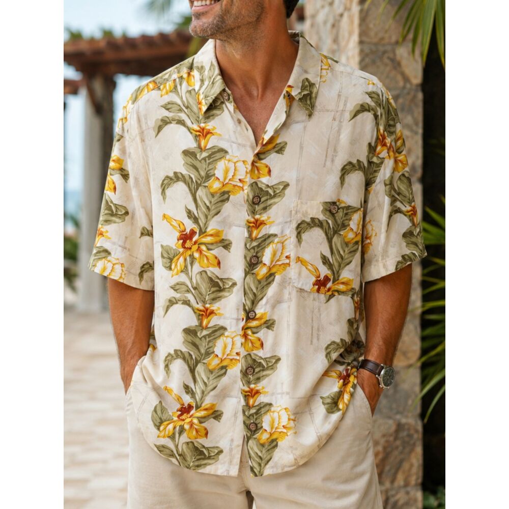 VTG Knightsbridge Hawaiian Floral Camp Shirt Rayon Beige Men's Large Tropical